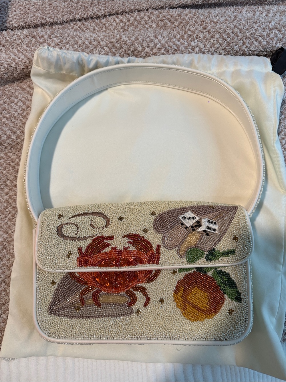 STAUD White Beaded Shoulder Bag with Multicolor Zodiac Crab Motif